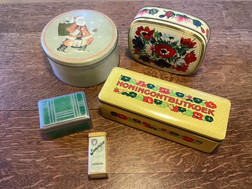 Antieke Blikken 5 stuks. Jaren 1925-35., Verzamelen, Poppenhuizen en Toebehoren, Ophalen of Verzenden, Zo goed als nieuw, Poppenhuis