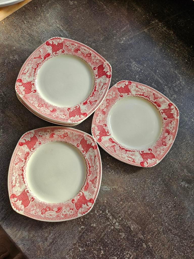8x Antieke Gebaksbordjes Société Céramique Victoria Rood, Ophalen
