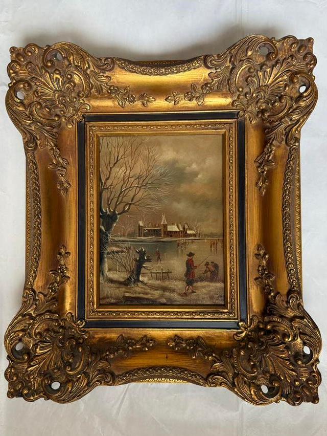 Antiek Schilderij: Winterlandschap met Schaatsers, Ophalen