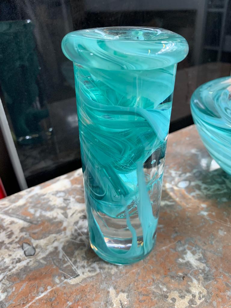 Swedish Blue Atoll Art Glass Bowl & Candlestick, Ophalen, Overige materialen, Zo goed als nieuw, Kaars