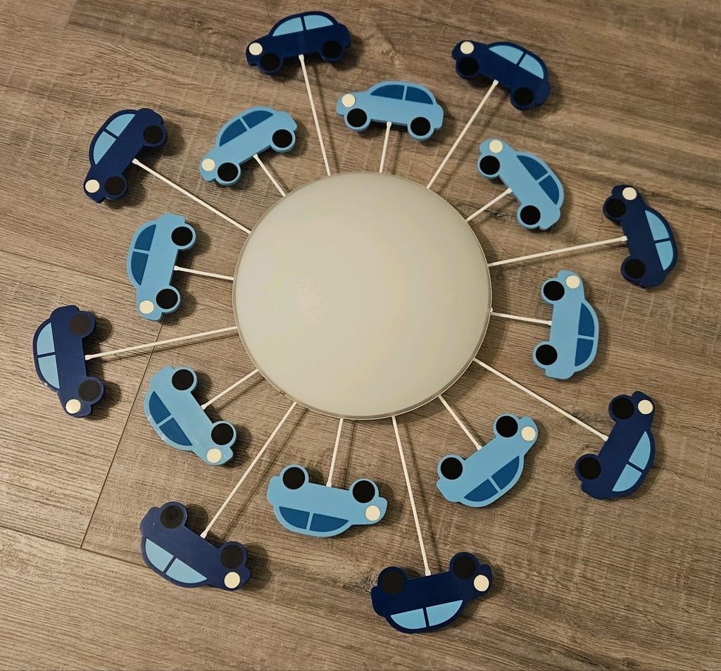 Plafondlamp met auto's, E27 fitting, 62cm diameter, Huis en Inrichting, Lampen | Plafondlampen, Ophalen, Zo goed als nieuw, Glas