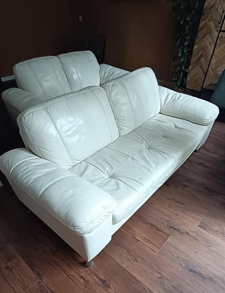 Leren bankstel: 3-zits bank, crème wit, Huis en Inrichting, Banken | Bankstellen, Ophalen, Gebruikt, Driepersoons, Rechte bank
