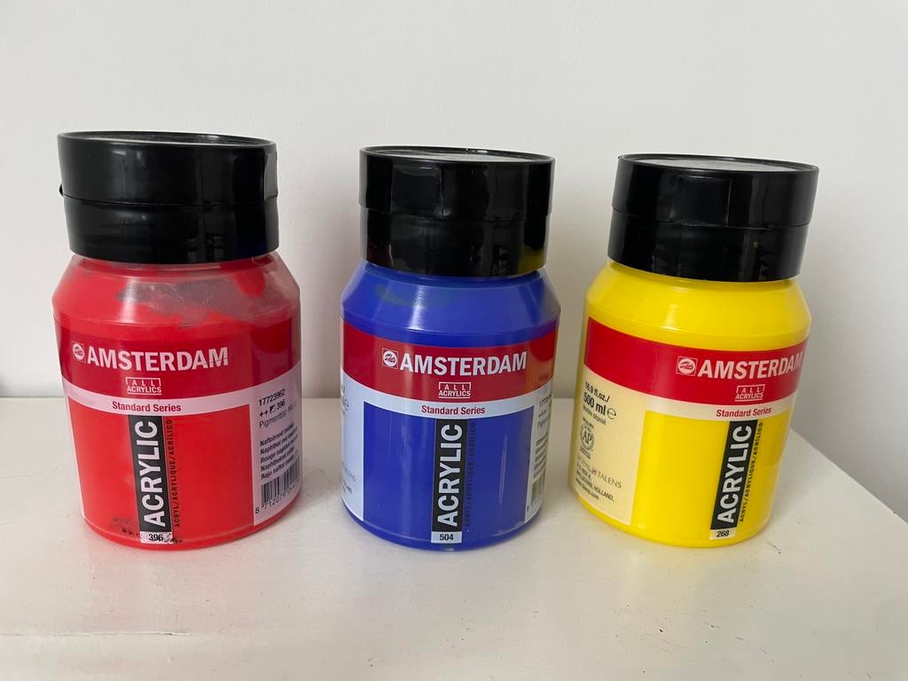 Rood blauw geel acryl verf Amsterdam, Ophalen, Zo goed als nieuw, Acrylverf