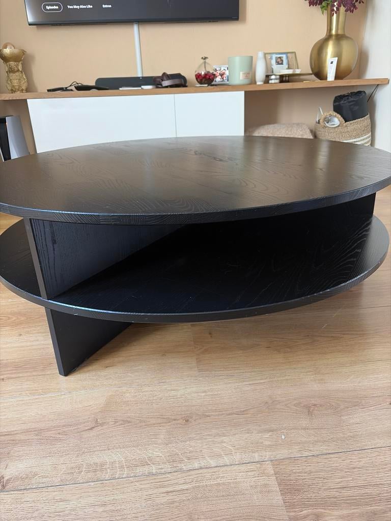 Zwarte ronde salontafel met twee bladen, 50 tot 100 cm, Rond, Ophalen of Verzenden, Zo goed als nieuw
