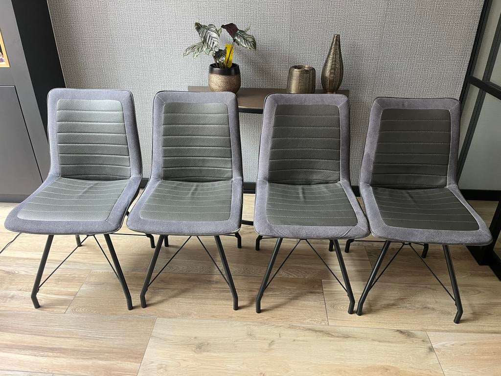 4 eetkamerstoelen van In House type Niels, Huis en Inrichting, Stoelen, Gebruikt, Vier, Leer, Stof, Grijs, Ophalen