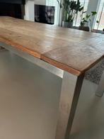 Grote teak houten eettafel met rvs onderstel, Ophalen, Gebruikt, Teakhout, 200 cm of meer