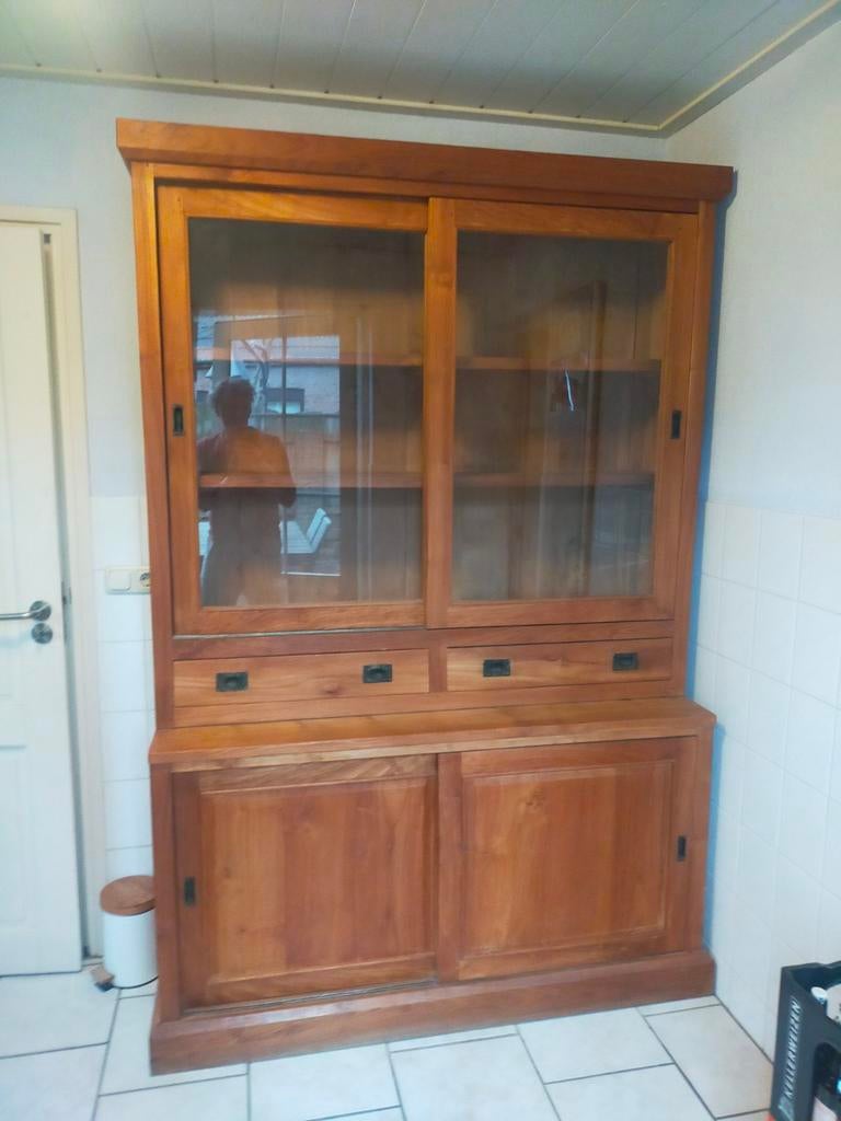 Teakhouten winkelkast, Ophalen, Gebruikt, Glas, 150 tot 200 cm