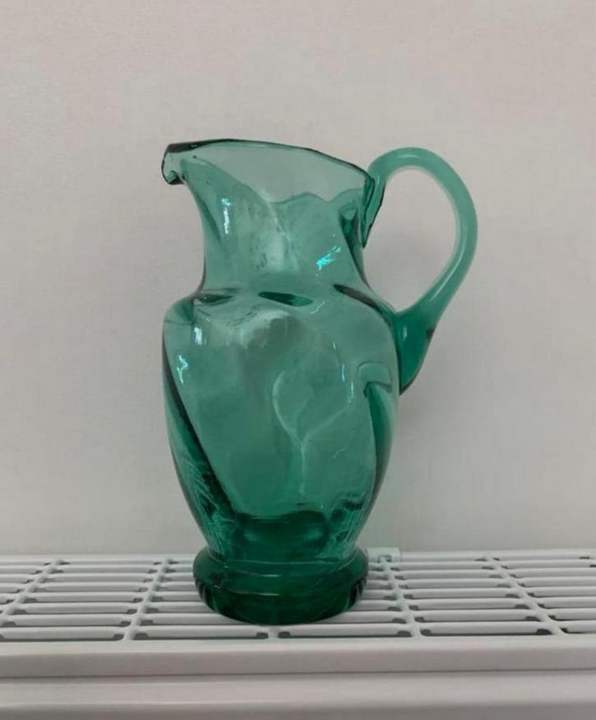 Vintage glazen waterkan groen, Ophalen of Verzenden, Minder dan 50 cm, Groen, Glas