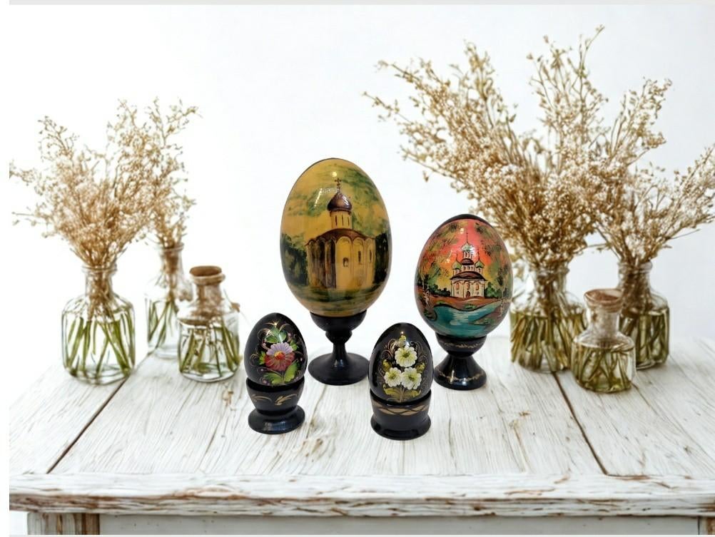 Handgeschilderde Palekh-stijl decoratieve eieren (4 stuks), Verzenden, Zo goed als nieuw