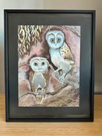 Vintage J. Hardelin folie-ets kunstwerk – uilen – ingelijst, Ophalen of Verzenden