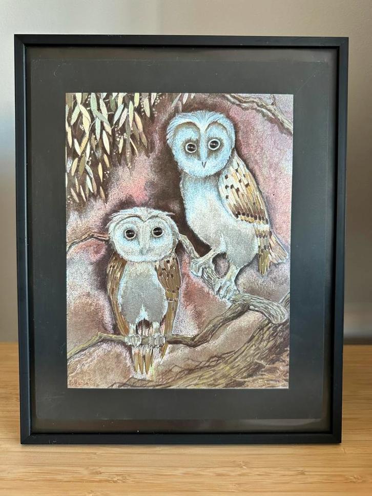 Vintage J. Hardelin folie-ets kunstwerk – uilen – ingelijst, Antiek en Kunst, Kunst | Schilderijen | Modern, Ophalen of Verzenden