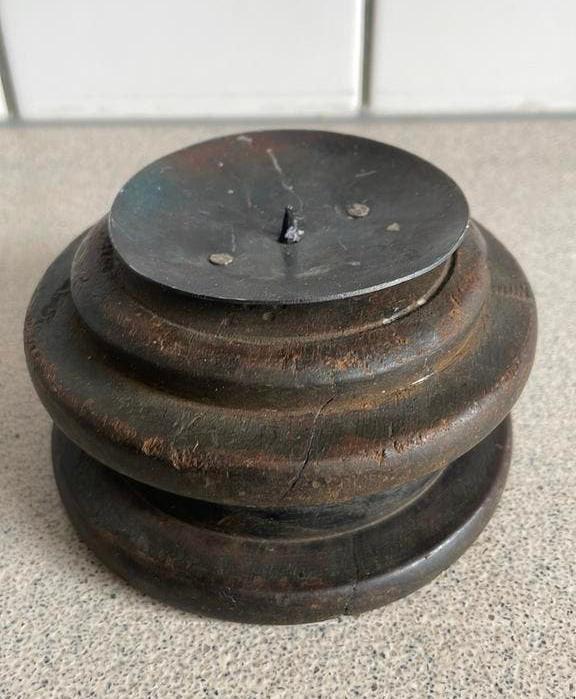 Prachtige kandelaar spoel hout metaal industrieel, Ophalen of Verzenden, Zo goed als nieuw, Metaal