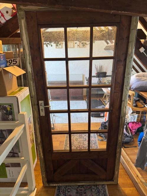 Houten deur tuinhuis, Doe-het-zelf en Verbouw, Deuren en Horren, Gebruikt, Buitendeur, Minder dan 200 cm, 80 tot 100 cm, Glas