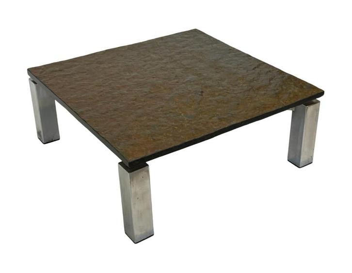 Vintage vierkante salontafel leisteen verchroomd design 60's, Huis en Inrichting, Tafels | Salontafels, Gebruikt, Minder dan 50 cm