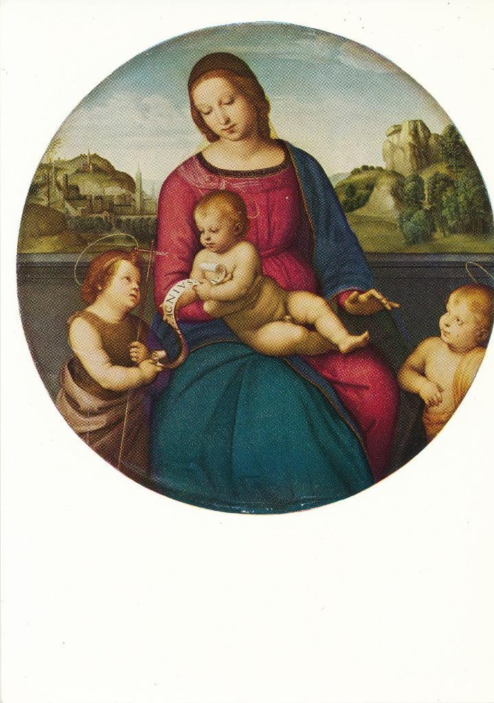 4 Mooie Devotie Kunstkaarten Maria en Kind - van Raffael, Verzamelen, Religie, Zo goed als nieuw, Christendom | Katholiek, Kaart of Prent