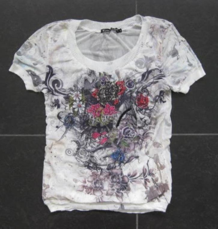 Etoile du Monde witte top, bloemenprint glitter kristal 3 M, Kleding | Dames, T-shirts, Zo goed als nieuw, Maat 38/40 (M), Wit