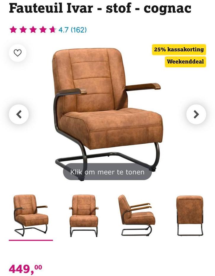 Fauteuil Ivar (Leenbakker) cognac, Huis en Inrichting, Fauteuils, Gebruikt, 50 tot 75 cm, 75 tot 100 cm, Ophalen