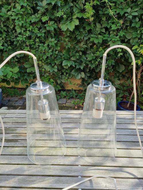 Hanglamp glas (2 stuks) met kappen, Huis en Inrichting, Lampen | Hanglampen, Zo goed als nieuw, Minder dan 50 cm, Glas, Kunststof