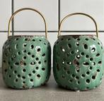 prachtige kandelaars blauwgroen turquoise windlicht, Ophalen of Verzenden, Zo goed als nieuw, Overige materialen, Minder dan 25 cm