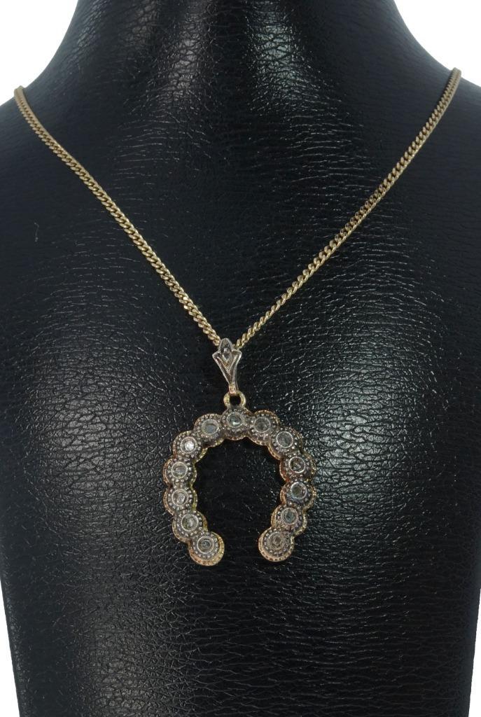 Diamanten hoefijzer antieke 14k gouden ketting hanger paard, Sieraden, Tassen en Uiterlijk, Antieke sieraden, Hanger, Goud, Met edelsteen