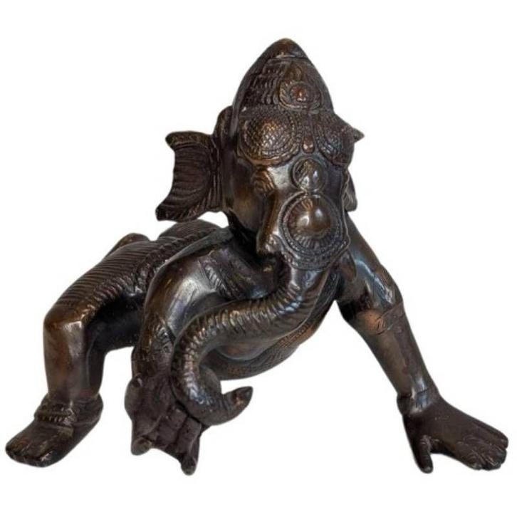Oud bronzen Ganesha-beeld in een kruipende houding, Huis en Inrichting, Woonaccessoires | Boeddhabeelden, Gebruikt, Ophalen of Verzenden