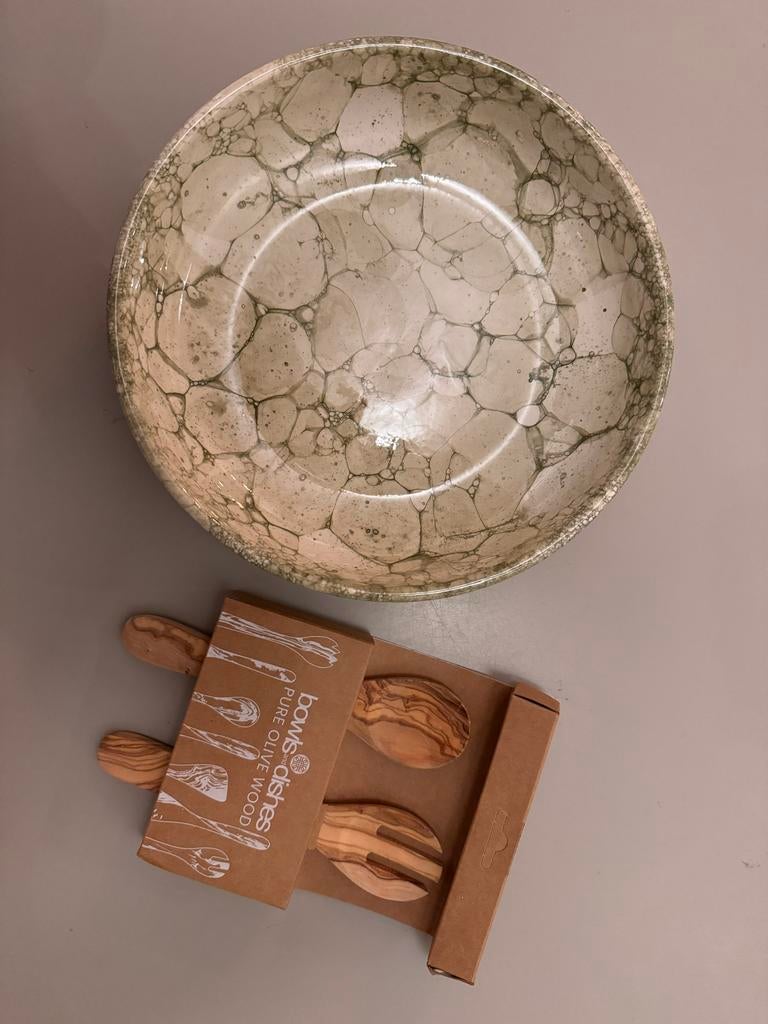 Aardewerk Schaal met Olijfhouten Serveerbestek, Ophalen, Schaal, Rond, Nieuw