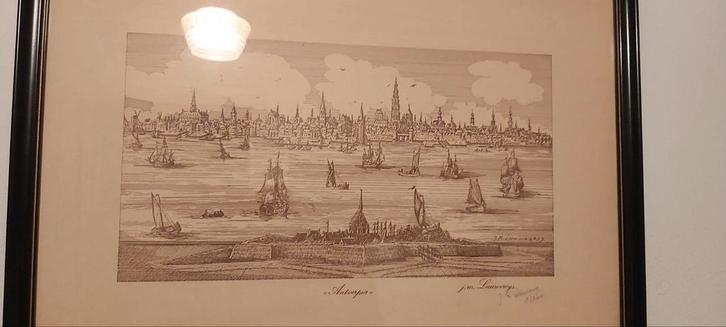 Oude prent met lijst van Antwerpen - "Antverpia", Antiek en Kunst, Kunst | Etsen en Gravures, Ophalen