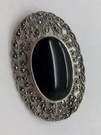 T634 Prachtige zilveren broche onyx markasiet, Sieraden, Tassen en Uiterlijk, Ophalen of Verzenden, Zilver, Broche, Met edelsteen