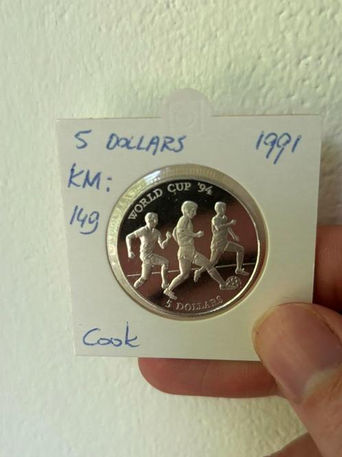 Cook Islands zilveren $5 Dollars munt World Cup 1994 Proof, Postzegels en Munten, Munten | Oceanië, Losse munt, Ophalen of Verzenden