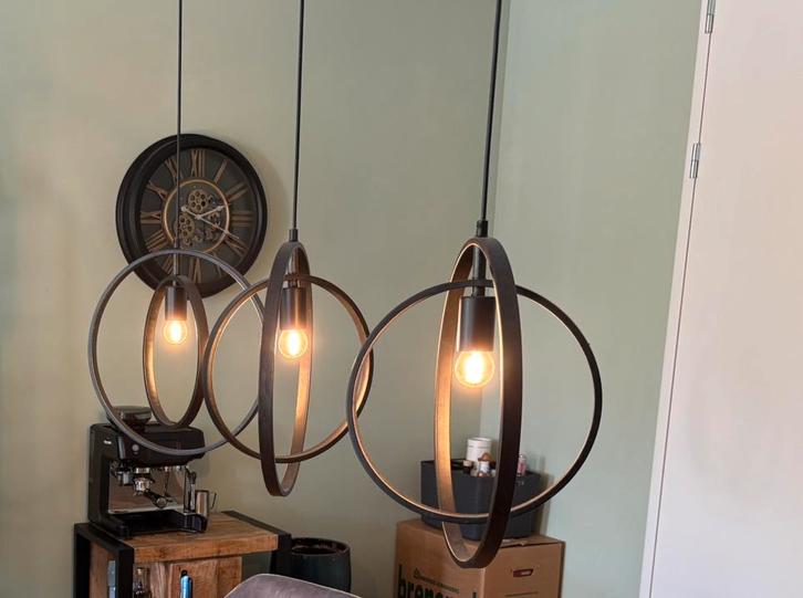 Eetkamer Hanglamp industrieel metaal 3-lichts, Huis en Inrichting, Lampen | Hanglampen, Zo goed als nieuw, 75 cm of meer, Metaal