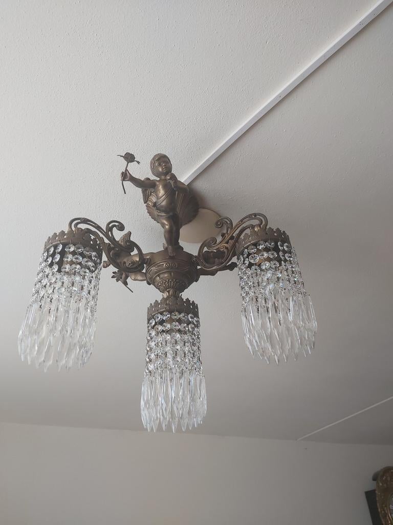 Gave antieke bronzen kristallen cupido plafoniere, Huis en Inrichting, Ophalen of Verzenden, Zo goed als nieuw