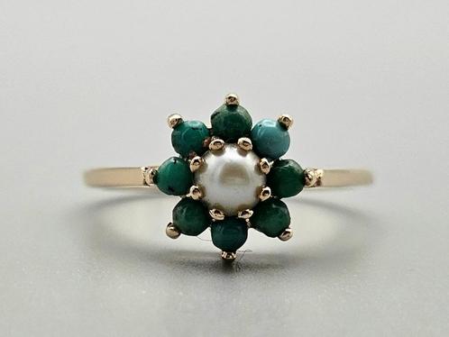 Gouden Vintage ring  edelsteen turkooise en parel. 2024/167, Sieraden, Tassen en Uiterlijk, Ringen, Ophalen of Verzenden