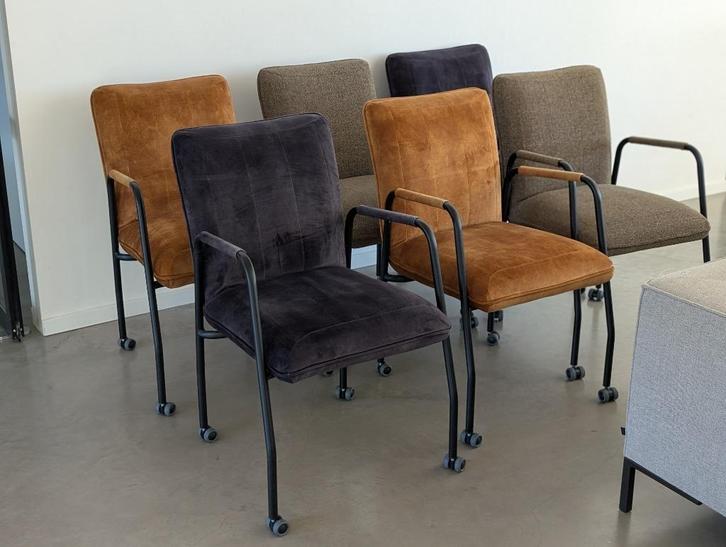 zes stuks Eleonora Mebelen eetkamerfauteuils, Huis en Inrichting, Stoelen, Gebruikt, Vijf, Zes of meer stoelen, Metaal, Stof, Overige kleuren