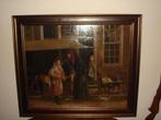 Large antique oil painting - Street scene with women., Antiek en Kunst, Kunst | Schilderijen | Klassiek, Ophalen of Verzenden