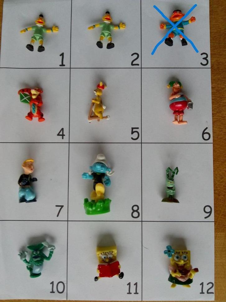 Blad 8 bekende figuren verrassingsei, Verzamelen, Poppetjes en Figuurtjes, Gebruikt, Ophalen of Verzenden