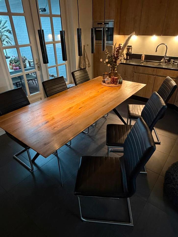 6 zwarte eetkamer stoelen, Huis en Inrichting, Stoelen, Gebruikt, Vijf, Zes of meer stoelen, Leer, Metaal, Zwart, Ophalen