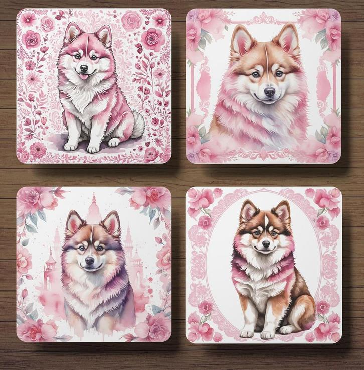 Pomsky Delfts Roze onderzetters met houder, Huis en Inrichting, Woonaccessoires | Onderzetters, Nieuw, Glas of Kopje, Ophalen of Verzenden