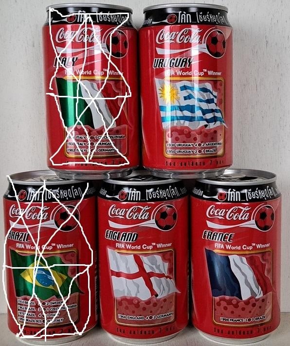Coca-Cola Blikkenset Thailand 3 st. WK-voetbal 2002 Vlaggen, Verzamelen, Merken en Reclamevoorwerpen, Ophalen of Verzenden, Gebruikt