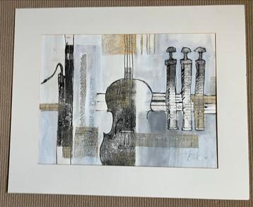 Muziekinstrumenten, Ingelijst Gesigneerd Kunstwerk A beschikbaar voor biedingen