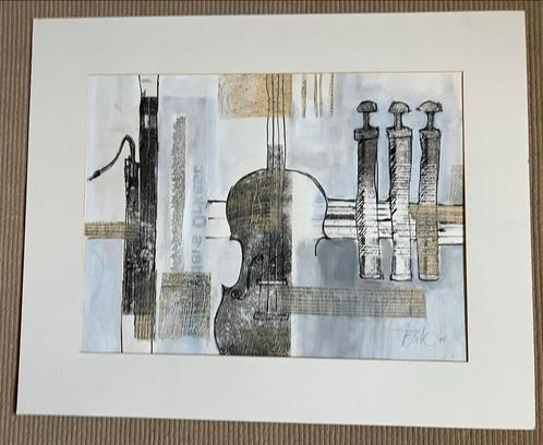 Muziekinstrumenten, Ingelijst Gesigneerd Kunstwerk A, Antiek en Kunst, Kunst | Tekeningen en Foto's, Ophalen