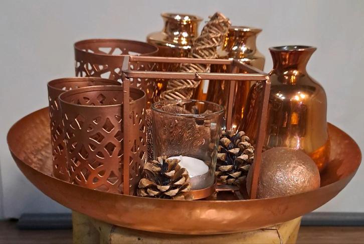 Koperen Kerst Decoratie Set Dienblad Vaasjes Theelichthouder, Huis en Inrichting, Woonaccessoires | Overige, Zo goed als nieuw
