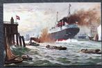 Stoomboot in de haven, vergezeld van keine boten - getekend, Verzenden, Voor 1920, Ongelopen, Voertuig