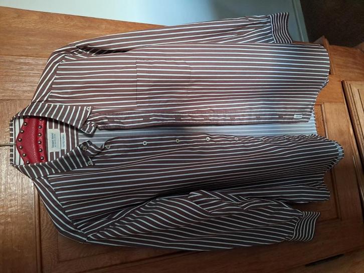 Herenoverhemd maat L, merk Thomas Maine, bruin-wit gestreept, Kleding | Heren, Overhemden, Zo goed als nieuw, Halswijdte 41/42 (L)