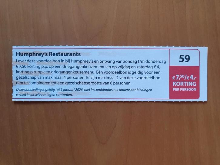 Humphrey's Restaurants €7,50 / €4,- korting p.p., Tickets en Kaartjes, Kortingen en Cadeaubonnen, Drie personen of meer, Overige typen