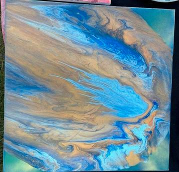 Goud & Blauw Acryl Schilderij 40x40 beschikbaar voor biedingen