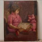 Portret meisje roze knuffelbeer olieverf schilderij 1931, Ophalen of Verzenden