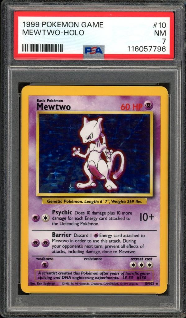 Mewtwo Holo PSA 7 - 10/102 - Base Set 1999, Hobby en Vrije tijd, Verzamelkaartspellen | Pokémon, Zo goed als nieuw, Losse kaart