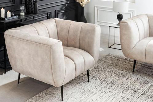 Moderne Fauteuil Beige Fluweel NIEUW VOORRAAD, Huis en Inrichting, Fauteuils, Nieuw, Metaal, Stof, 100 tot 125 cm, 75 tot 100 cm