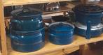 3 pannen + petroleumstel in petrol blauw, Antiek en Kunst, Antiek | Emaille, Ophalen of Verzenden