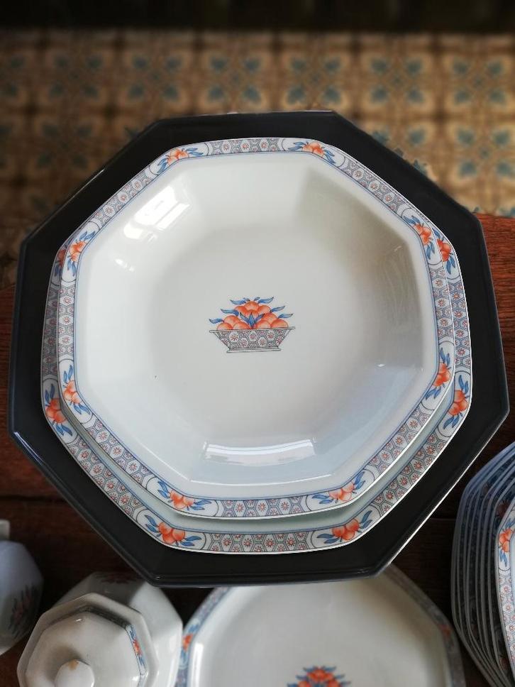 9 pers. Haviland Limoges, Orangeraie, oranje/jeansblauw, Huis en Inrichting, Keuken | Servies, Zo goed als nieuw, Bord(en), Overige stijlen